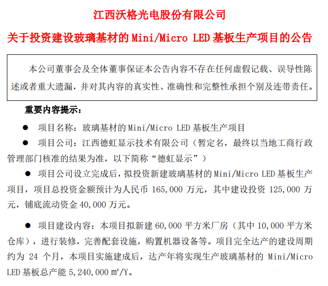 沃格光电：拟16.5亿元投建玻璃基材的Mini/MicroLED基板生产项目